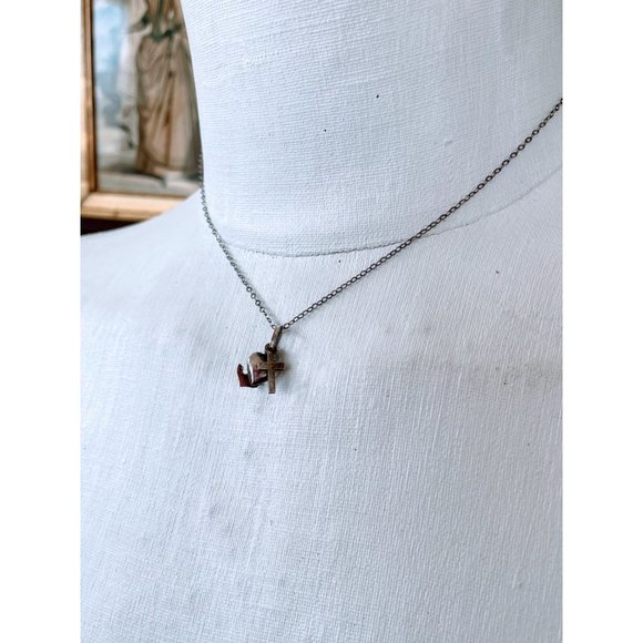 Antique Sterling Charm Necklace Puffy heart, Cross, Anchor - Picture 6 of 11